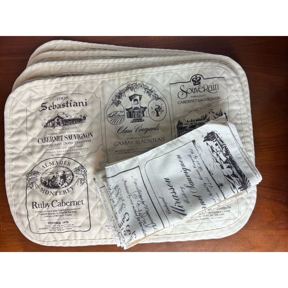 Vintage 1970's California Napa Wine Label‎ Quilted Placemats & Napkins Lot of 8
